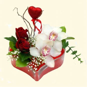  Yozgat hediye sevgilime hediye çiçek  1 kandil orkide 5 adet kirmizi gül mika kalp